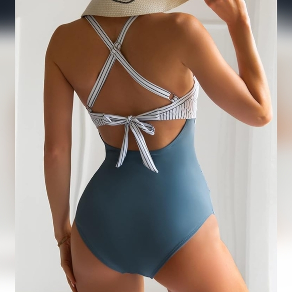 Striped One-Piece Cut Out Tie Up Swimsuit - Picture 2 of 5